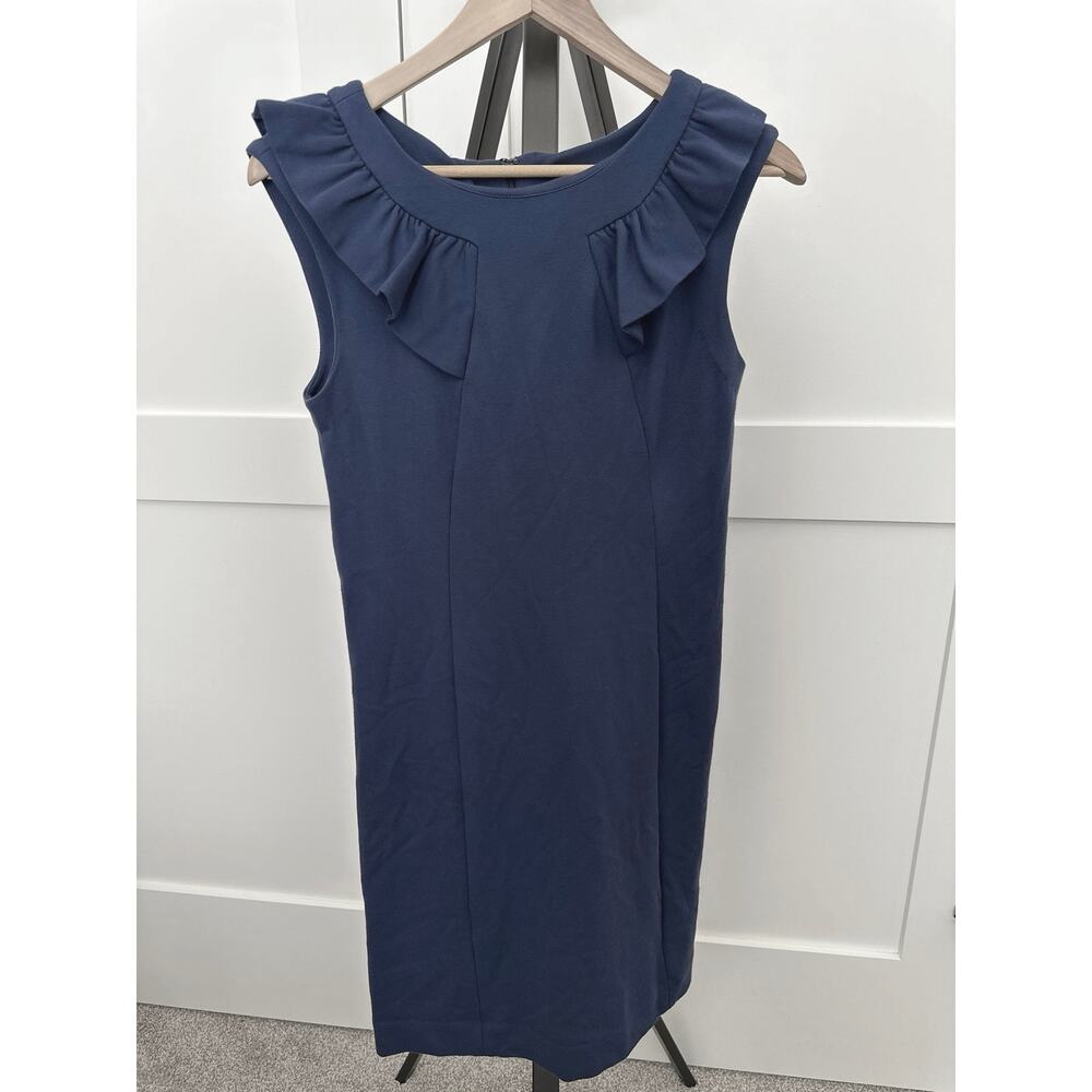 Banana Republic Size 6 Gail Sheath Dress Navy Blue Ponte Sleeveless Ruffle